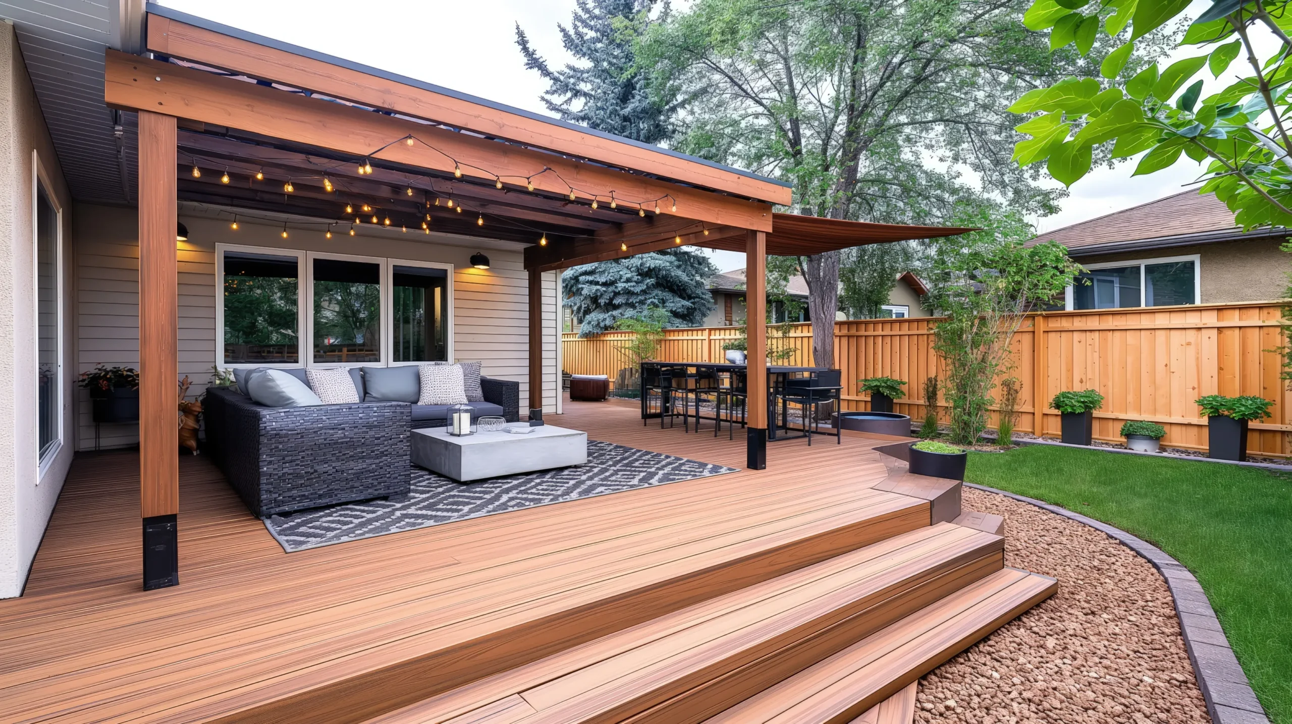Cozy outdoor living area on a wooden deck under a pergola with string lights and a gray sectional sofa.