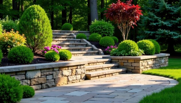 Stone terraced garden with curved steps and trimmed shrubs along a stone walkway in a sunny yard